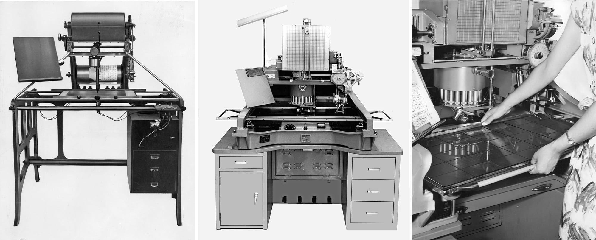 左：写真植字機試作第一号機／中：SK-3RY型／右：画期的な中枠交換方式